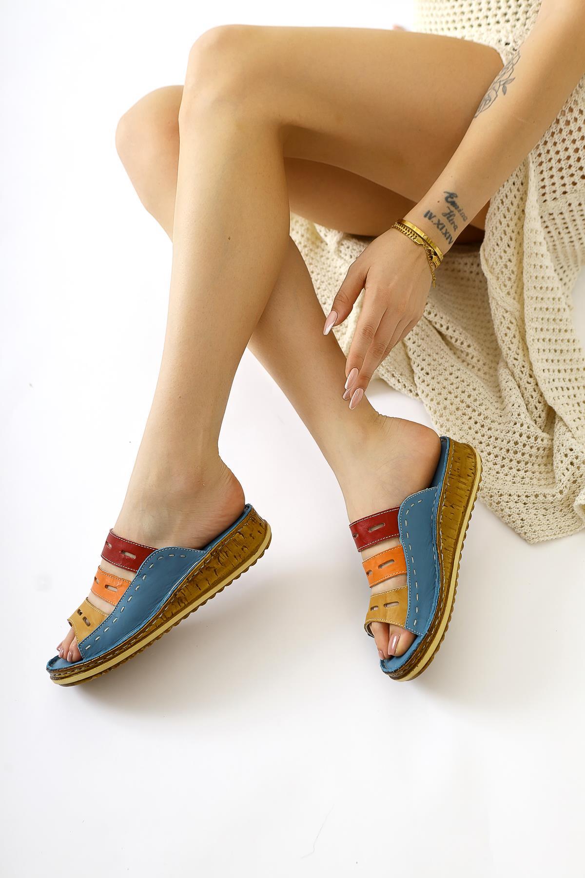 Joelle Genuine Leather – Blue Laser-Cut Slide (Women)