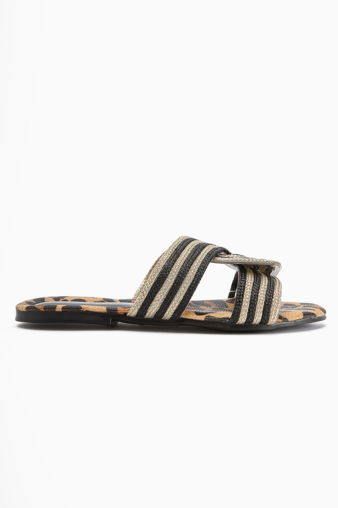 Nihaal Gold Leopard Cross Strap Flat Women’s Slippers