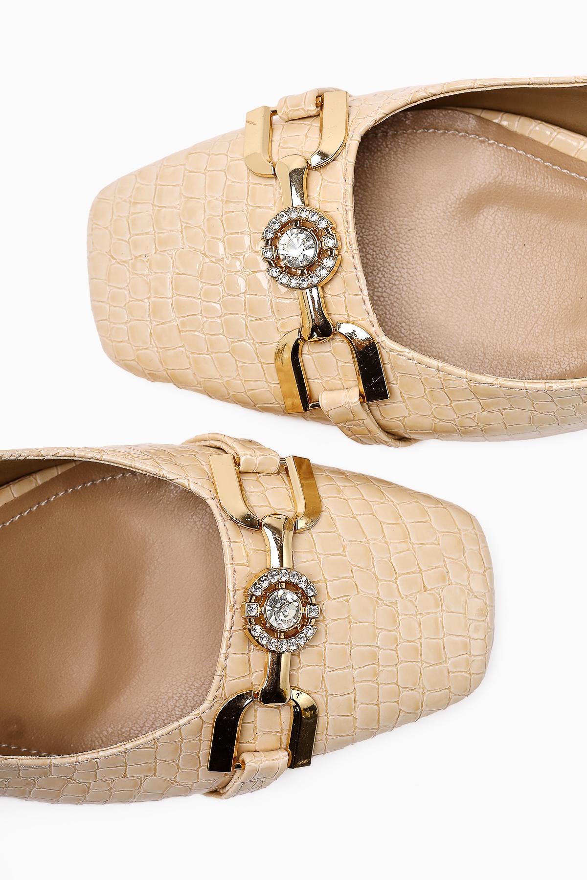 Tai Beige Crocodile Stone Detailed Women’s Heeled Shoes