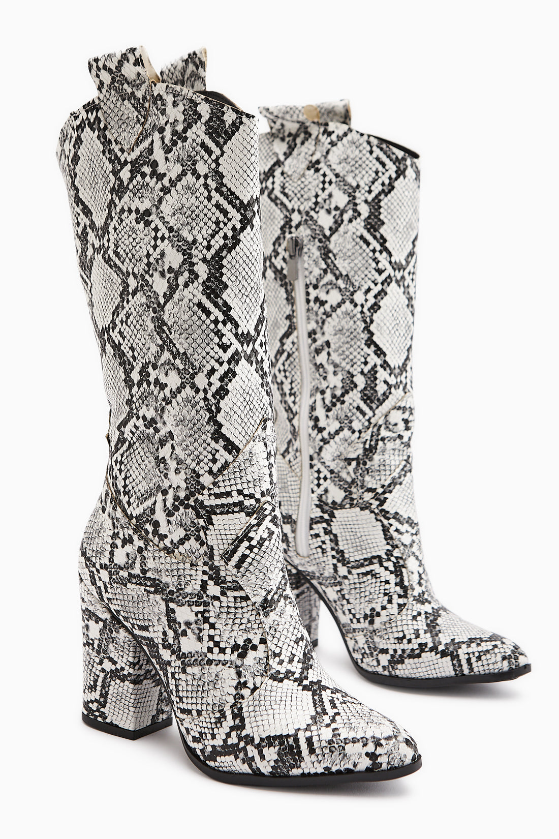 Keri White Snake Pattern Asymmetrical Cut Women’s Short Boots
