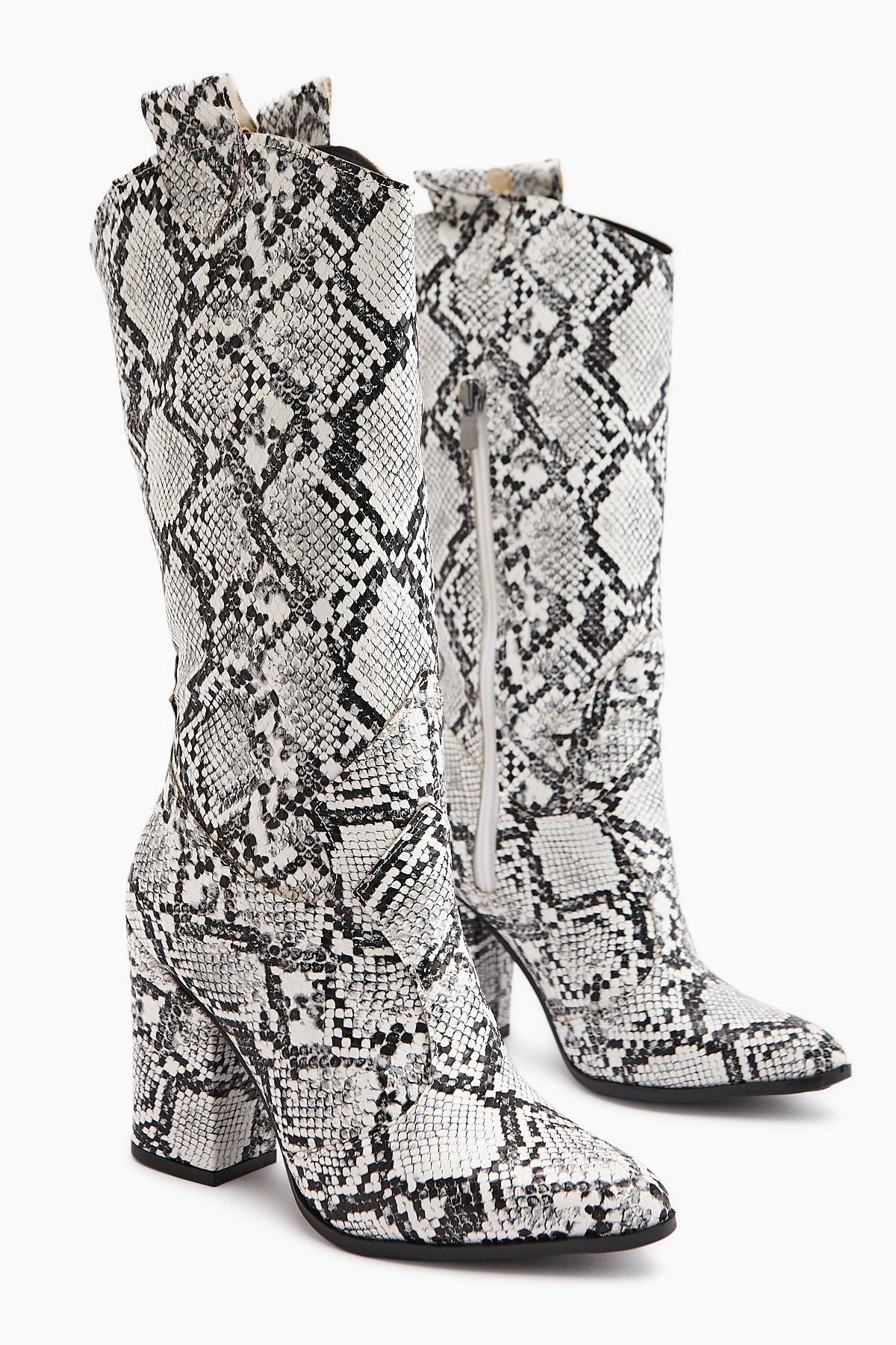Keri White Snake Pattern Asymmetrical Cut Women’s Short Boots
