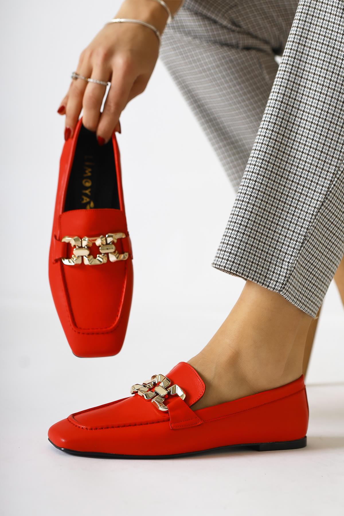 Asmin Genuine Leather – Red Buckle-Detail Round-Toe Casual Shoe (Women)