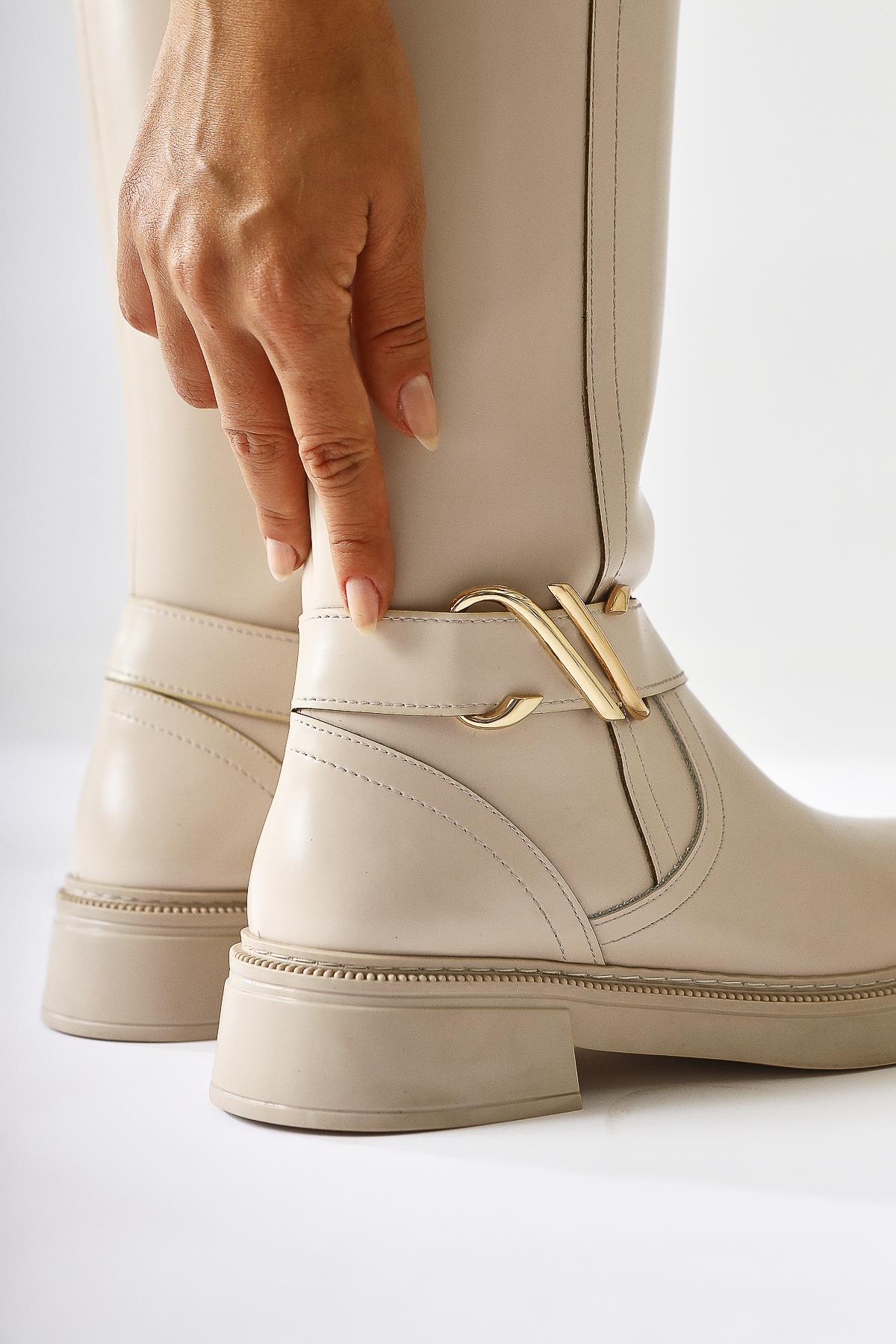 Birgita Beige Buckle-Detailed Zippered Boot