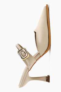 Beige Buckled Closed Toe Women’s Heeled Shoes