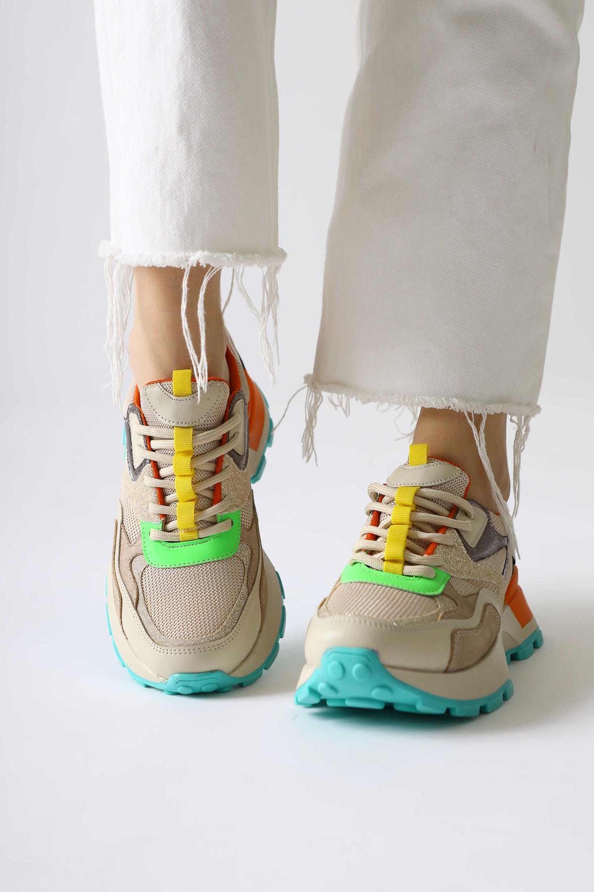 Netta Multi-Colored (Orange) Lace-Up Sneakers with Mesh Detail