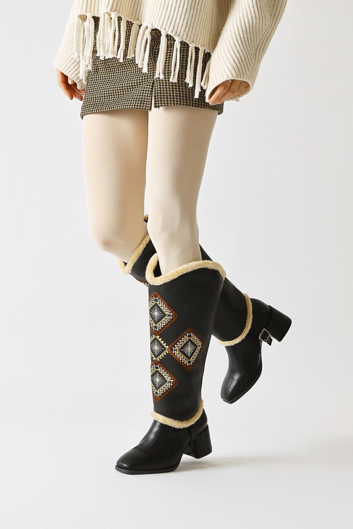 Hilka Black Removable Shaft with Ethnic Pattern Boots