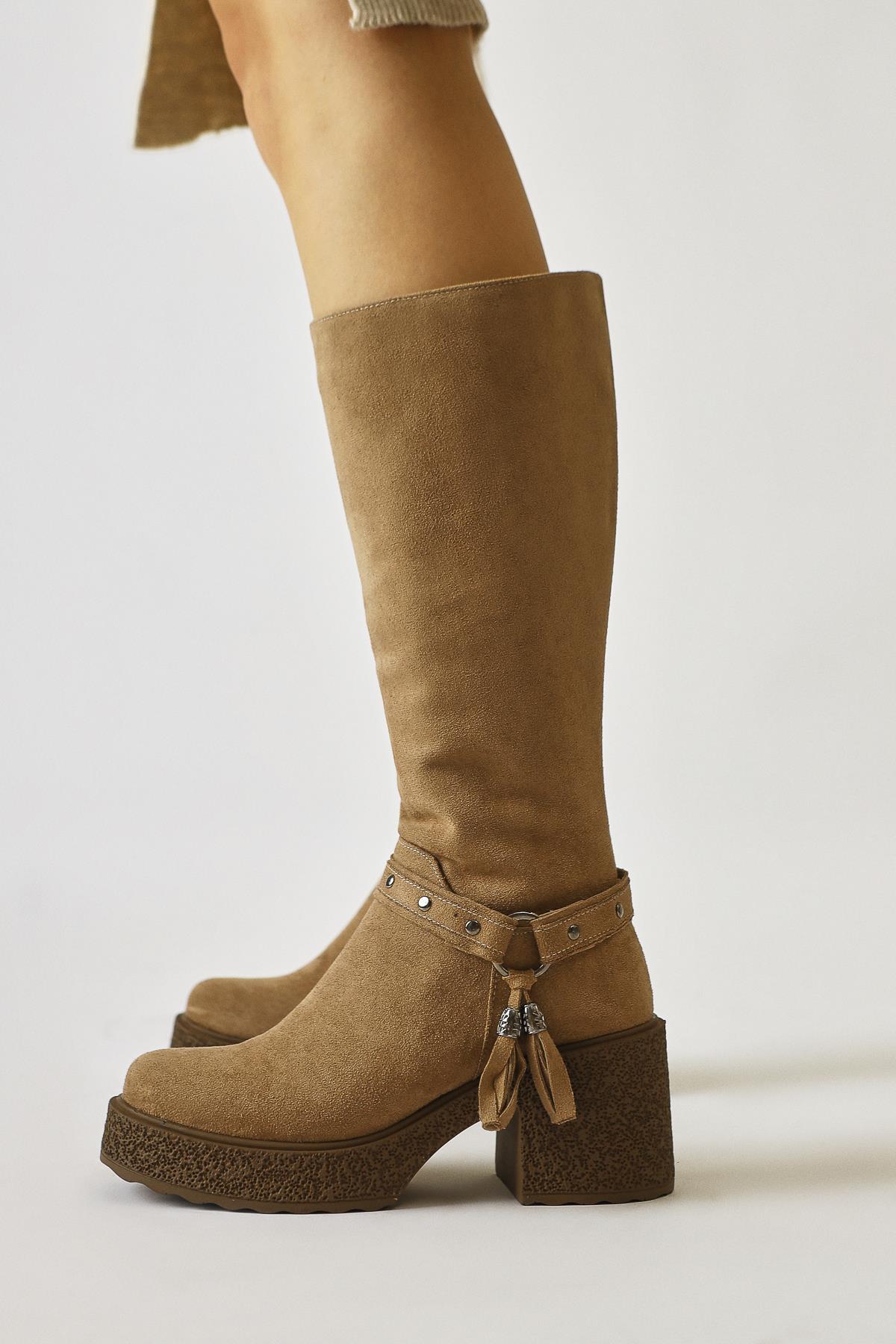 Kenzie – Taupe Suede Ankle-Detail Knee-High Boot