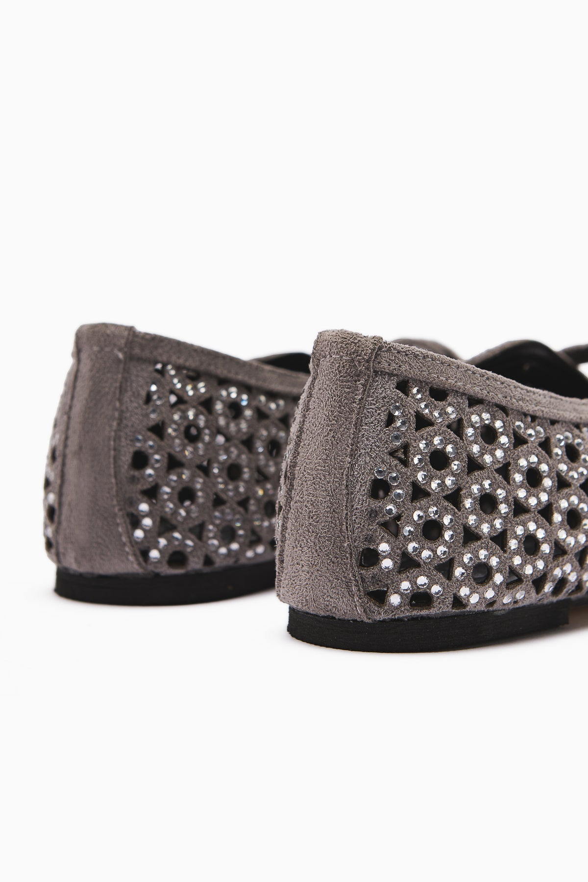 Nicki Grey Suede Oval Toe Perforated Stone Detail Single Strap Women's Casual Shoe