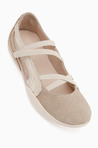 Genuine Leather Beige Suede Cross Elastic Strap Women’s Ballet Flats