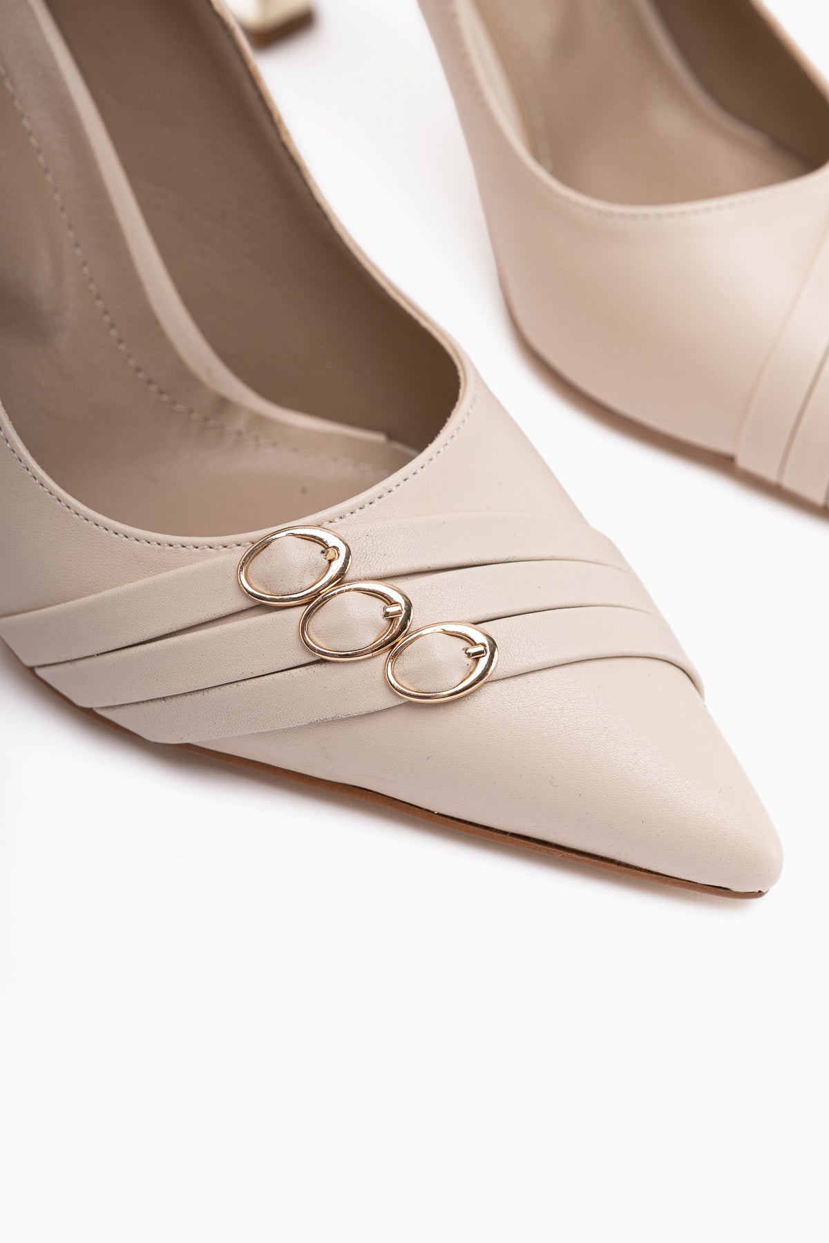 Lavina Beige Strappy Gold Heeled Pointed Toe Stiletto