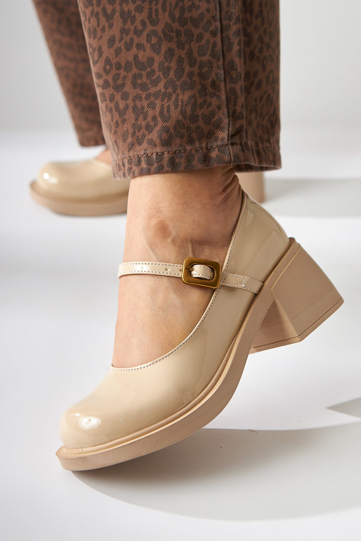 Mirka Beige Patent Strap Women’s Loafer Shoes