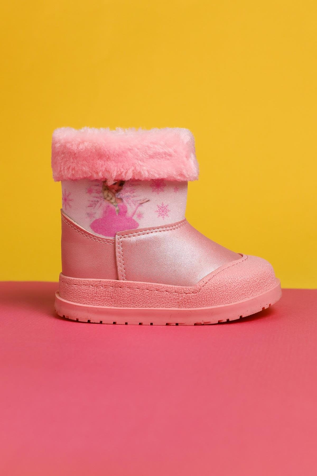 Elea Powder Pink Striped Character Print Fur-Lined Baby Boots