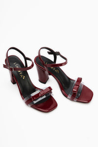Joyce Burgundy Patent Thick Heeled Ankle Strap Bow Women’s Sandal