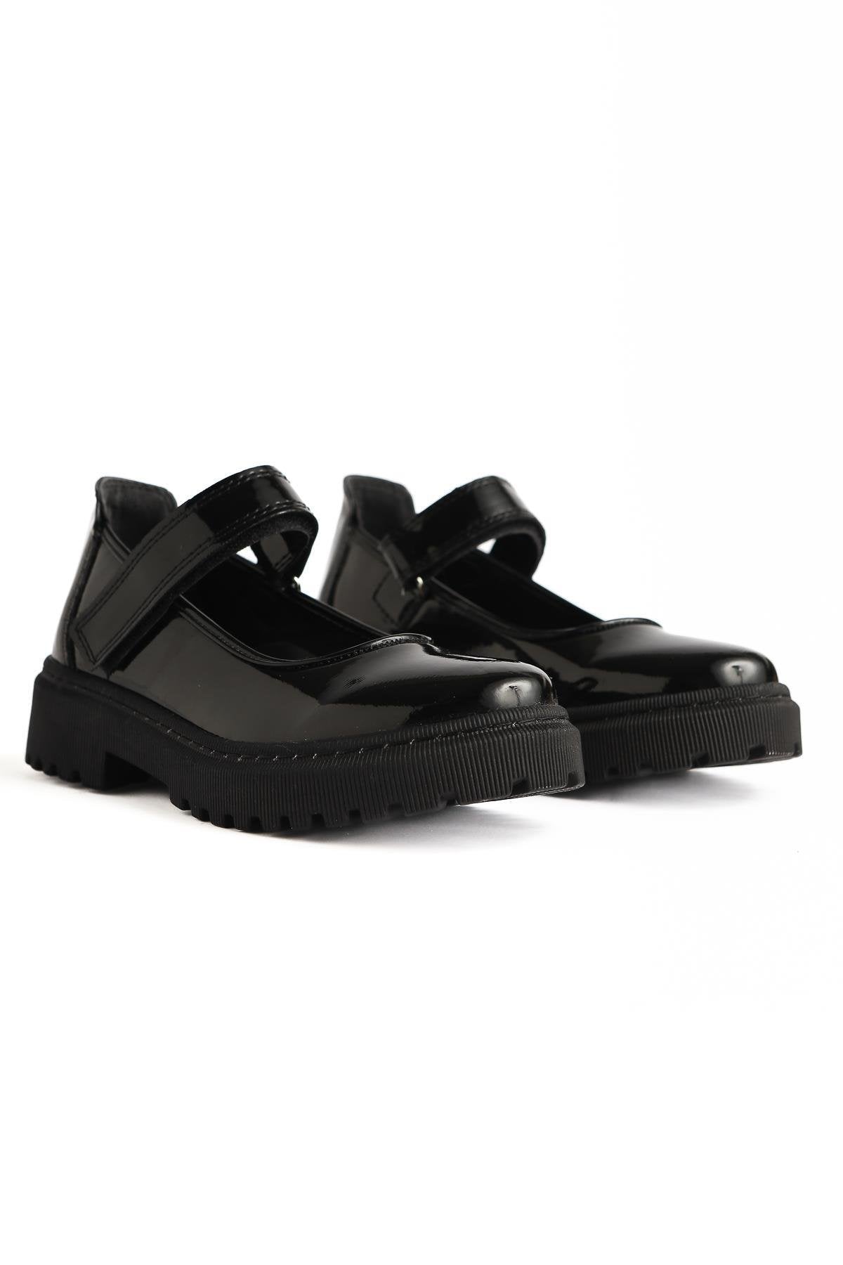 Fiona – Black Patent Hook-and-Loop Detail Casual Kids Shoe (Kids)