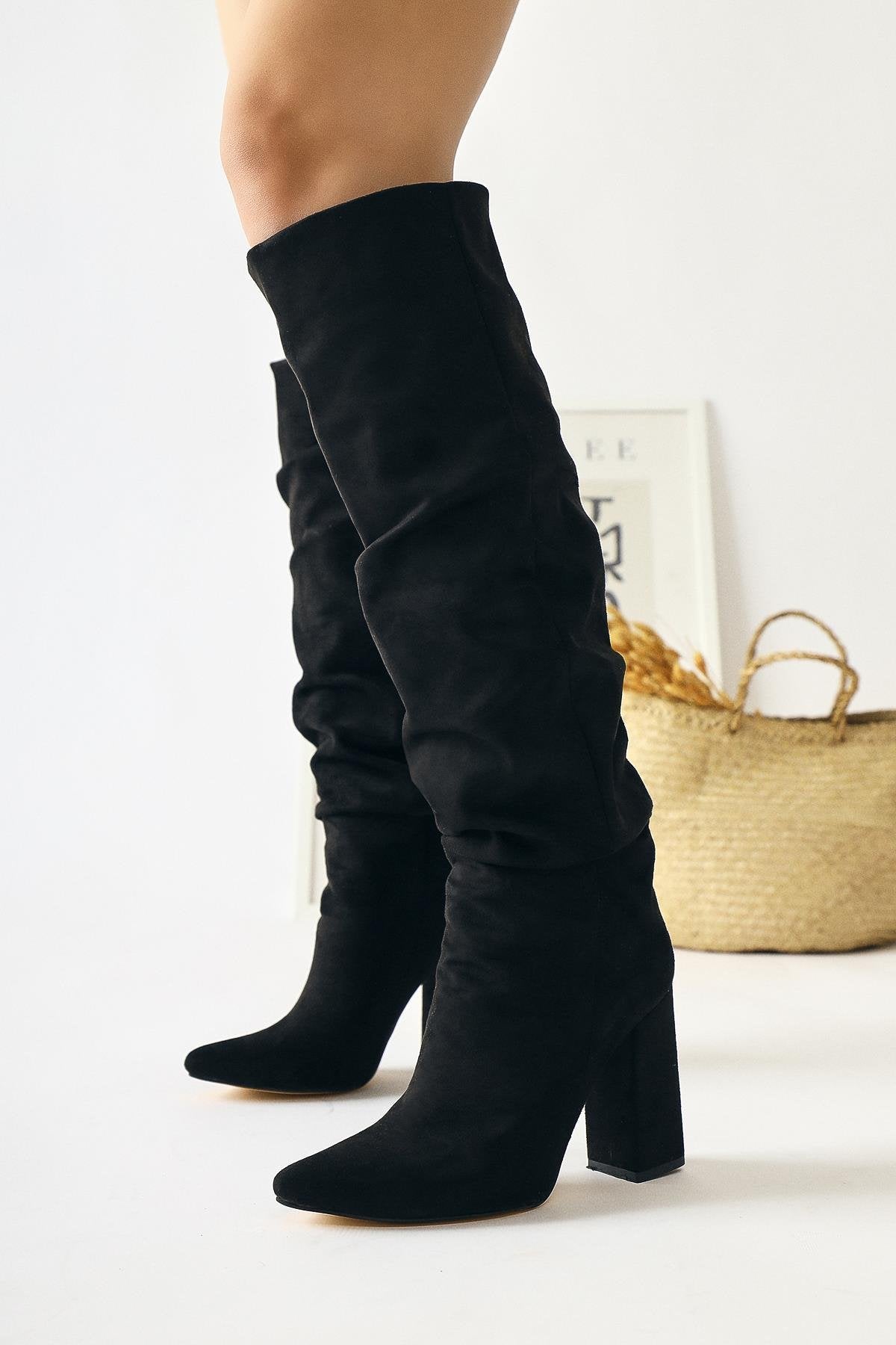 Loren Black Suede Pointed Toe High Heel Knee-High Boot