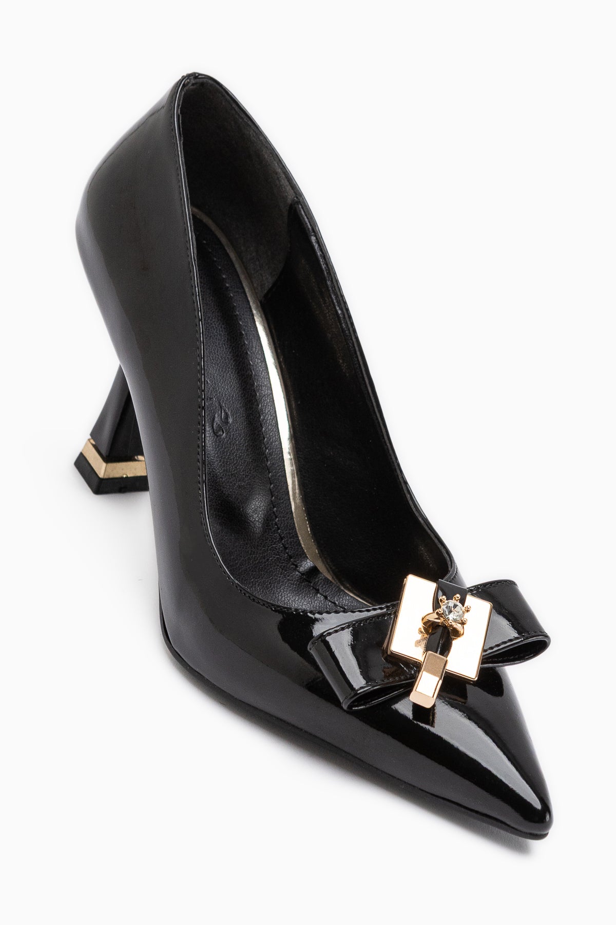 Mimosa Black Patent Pointed Toe Single Stone Buckle Detailed Women’s Heeled Shoes