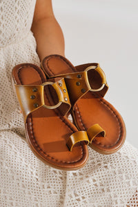 Bitania Genuine Leather Mustard Toe-Post Slippers