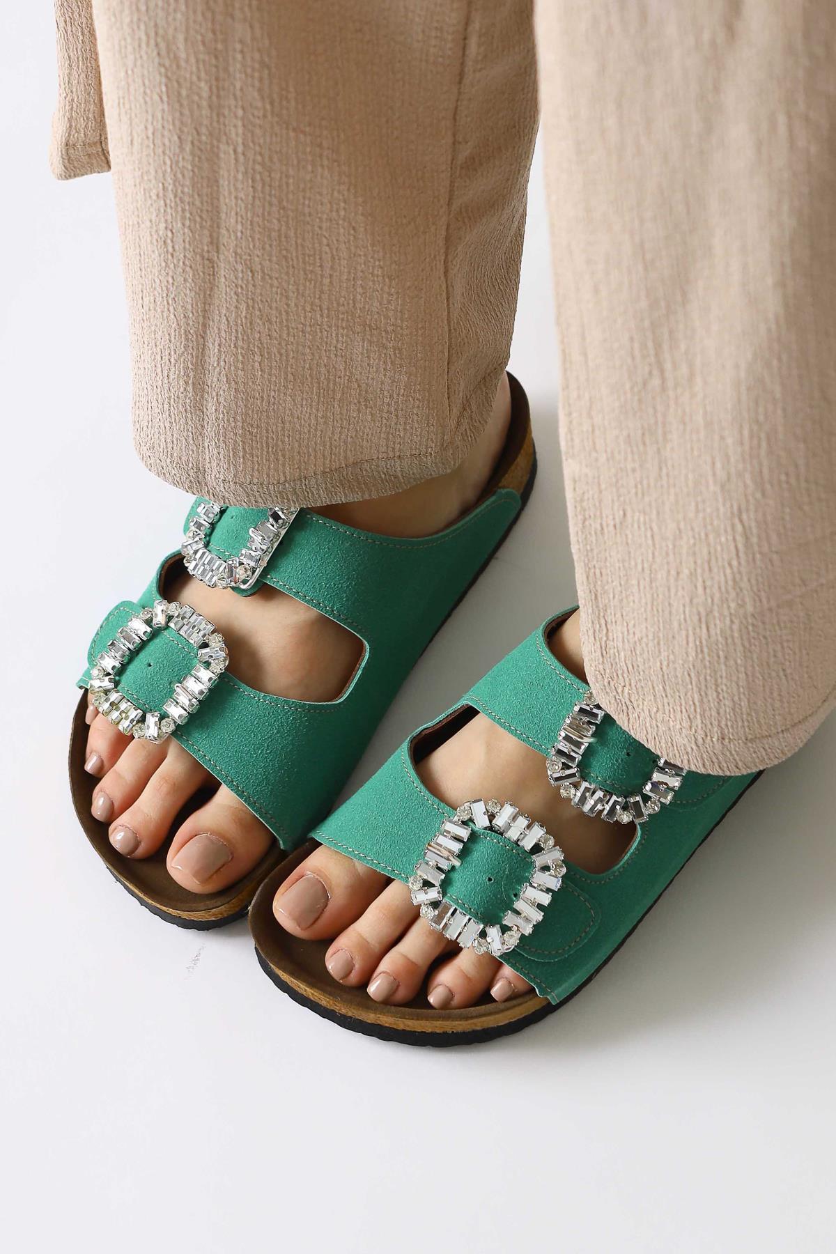 Brisa Green Suede Slippers with Stone Buckle and Double Strap Details