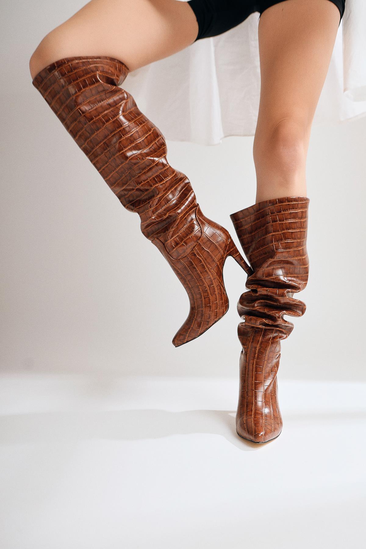 Nenya – Cognac Croc-Embossed Pointed-Toe Slim Heel Over-The-Knee Boot (Women)