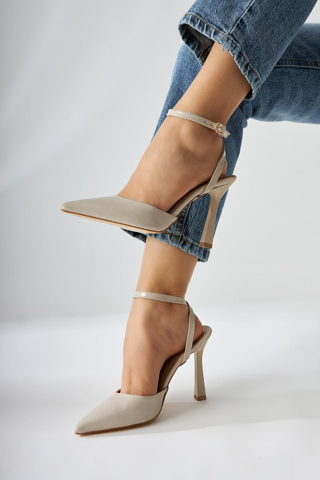Lizbeth Beige Patent Closed-Toe Ankle-Tie Women's High Heels
