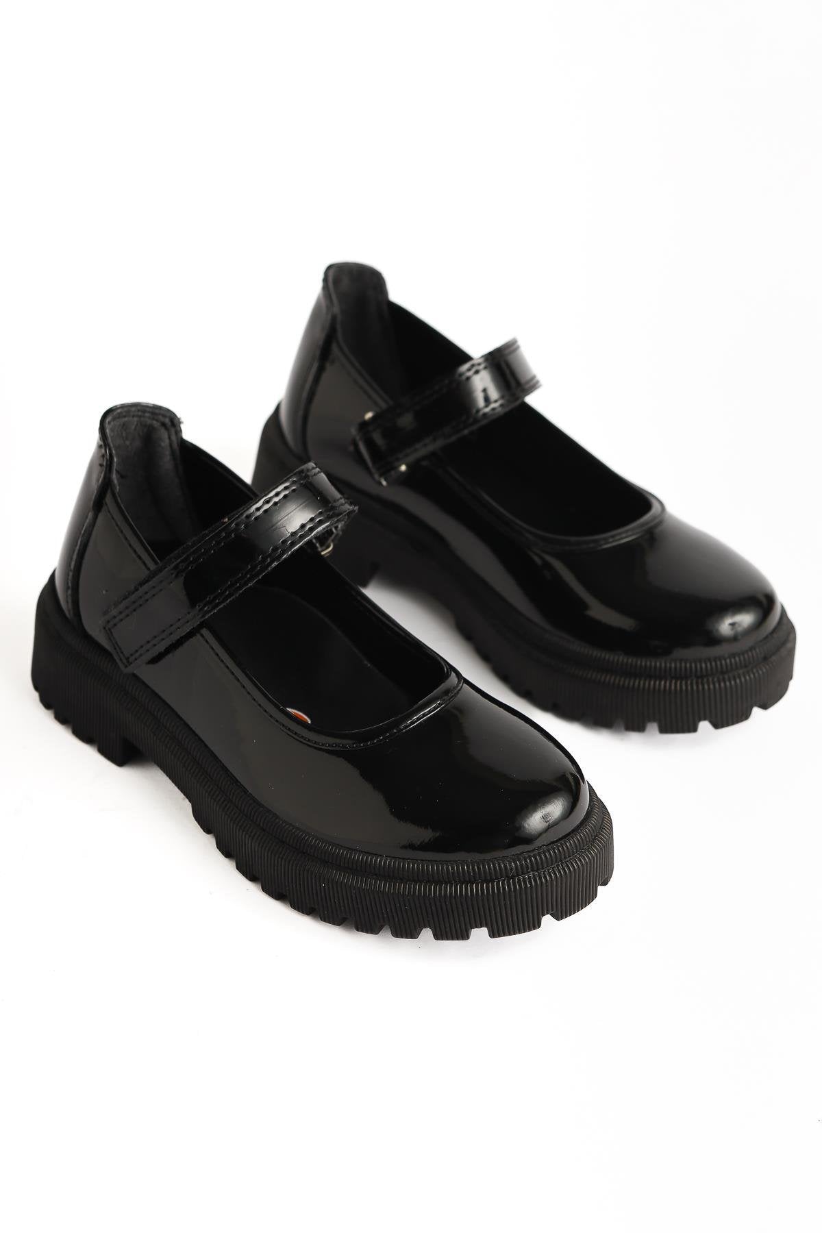 Janina Black Patent Leather Velcro Detailed Kids' Casual Shoes