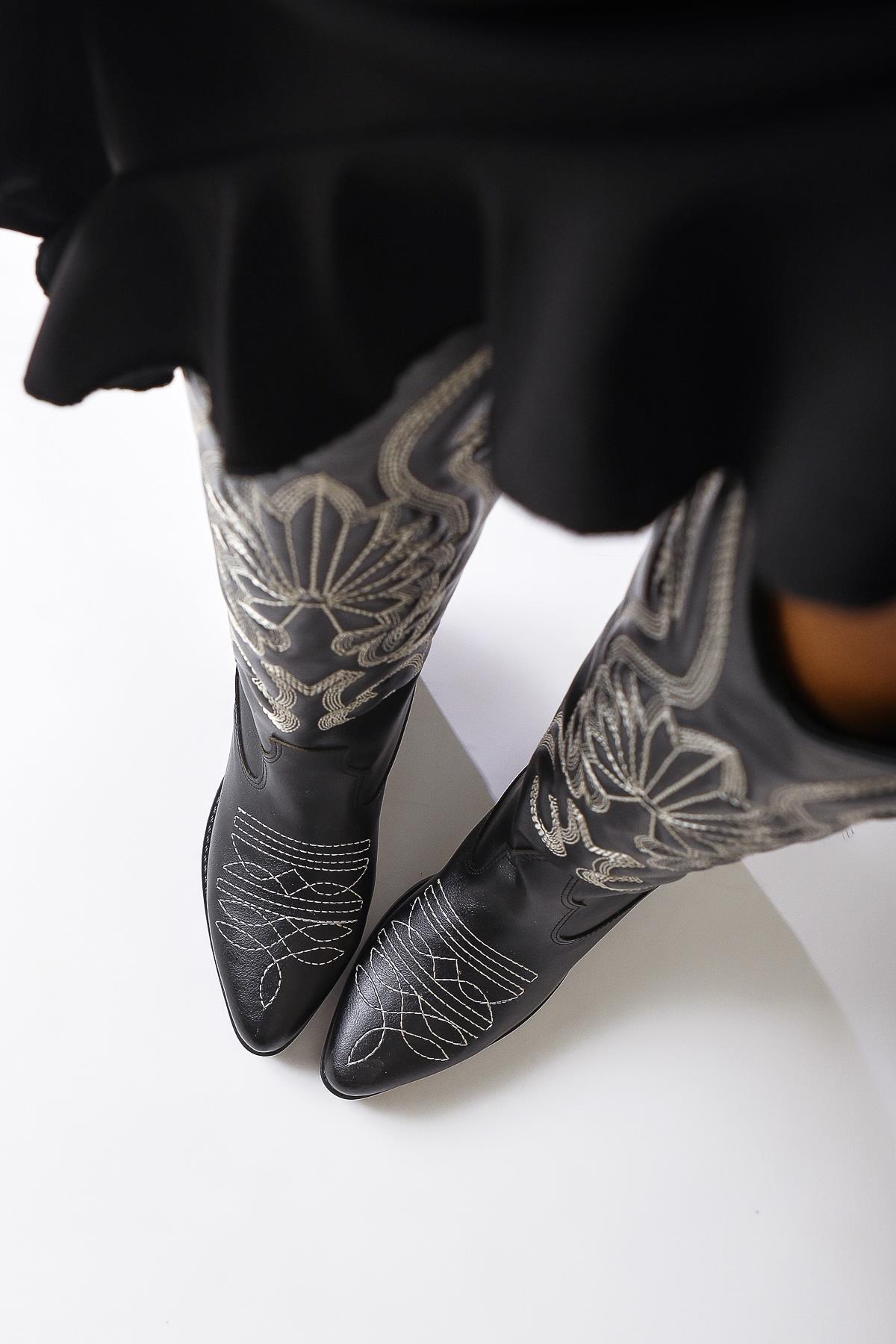 Dani – Black Embroidery-Detail Pointed-Toe Western Knee-High Boot (Women)