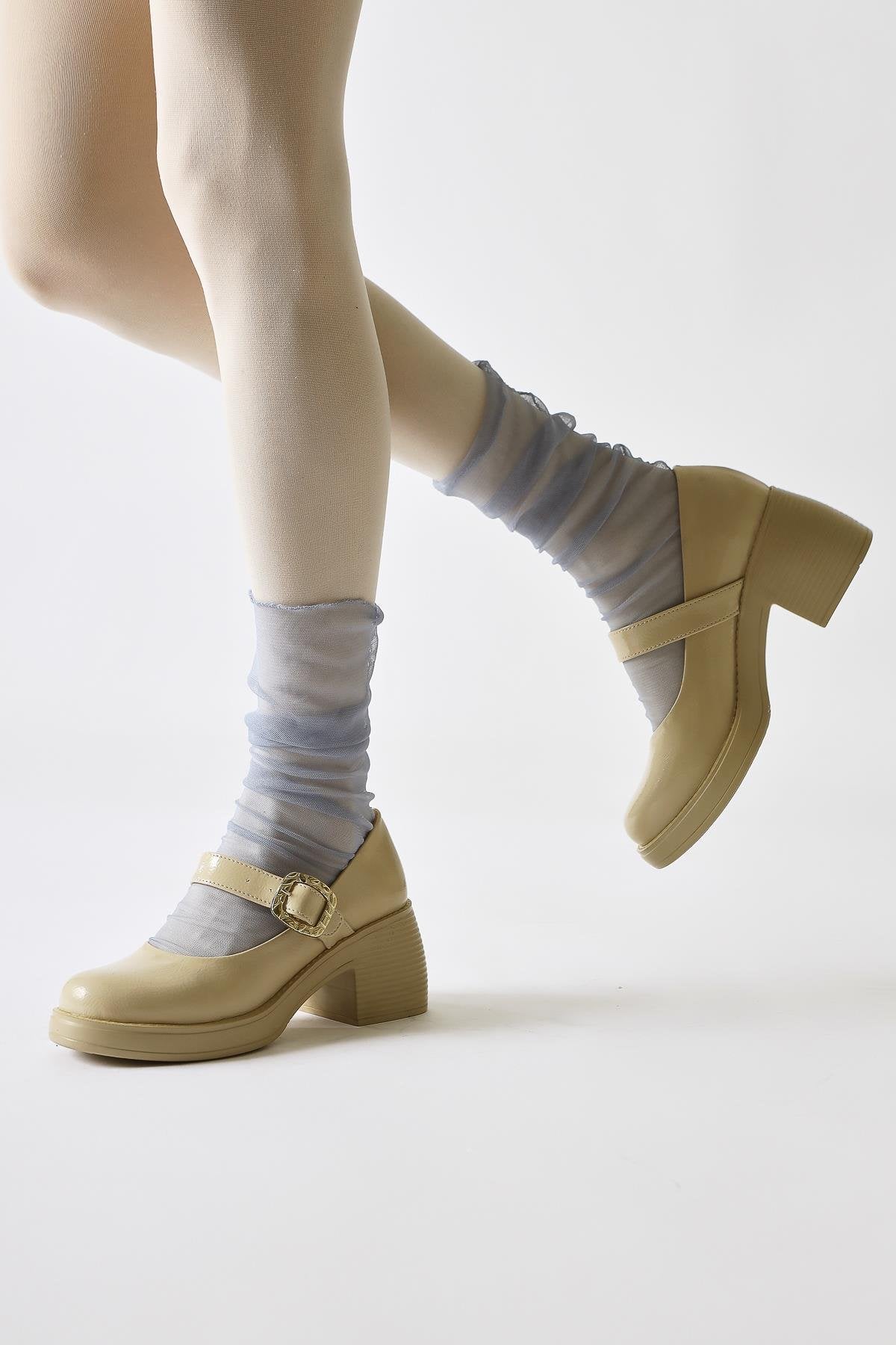 Jessi Beige Patent Single Strap Buckle Detail Oval Toe Casual Shoe