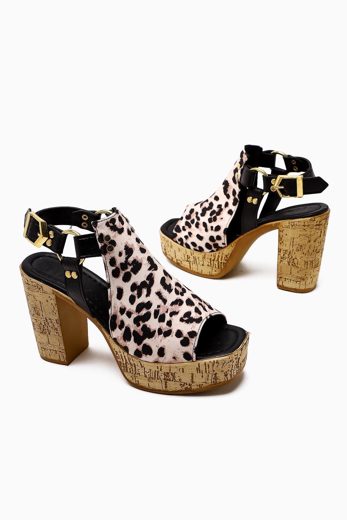 Hadel Black Leopard Belted Platform Heeled Sandals