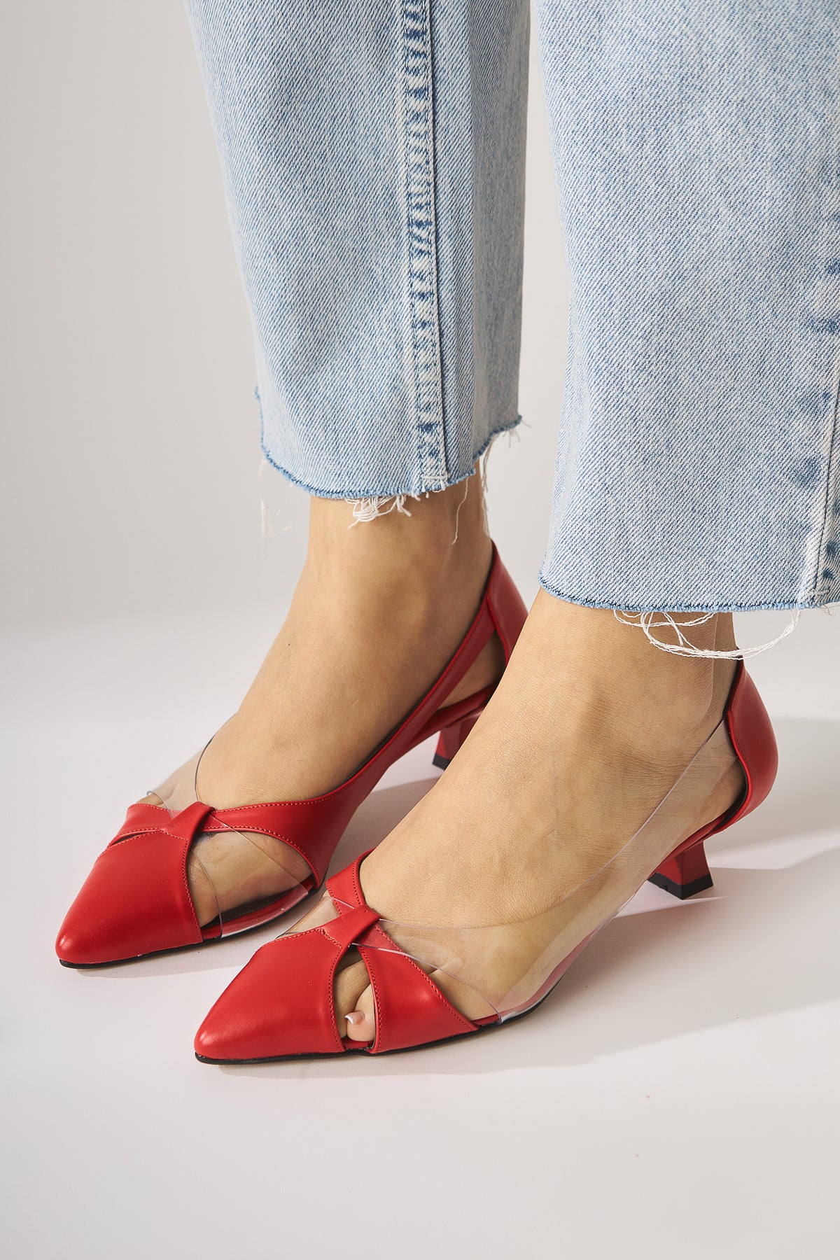 Fenja Red Transparent Edged Short Heeled Shoes