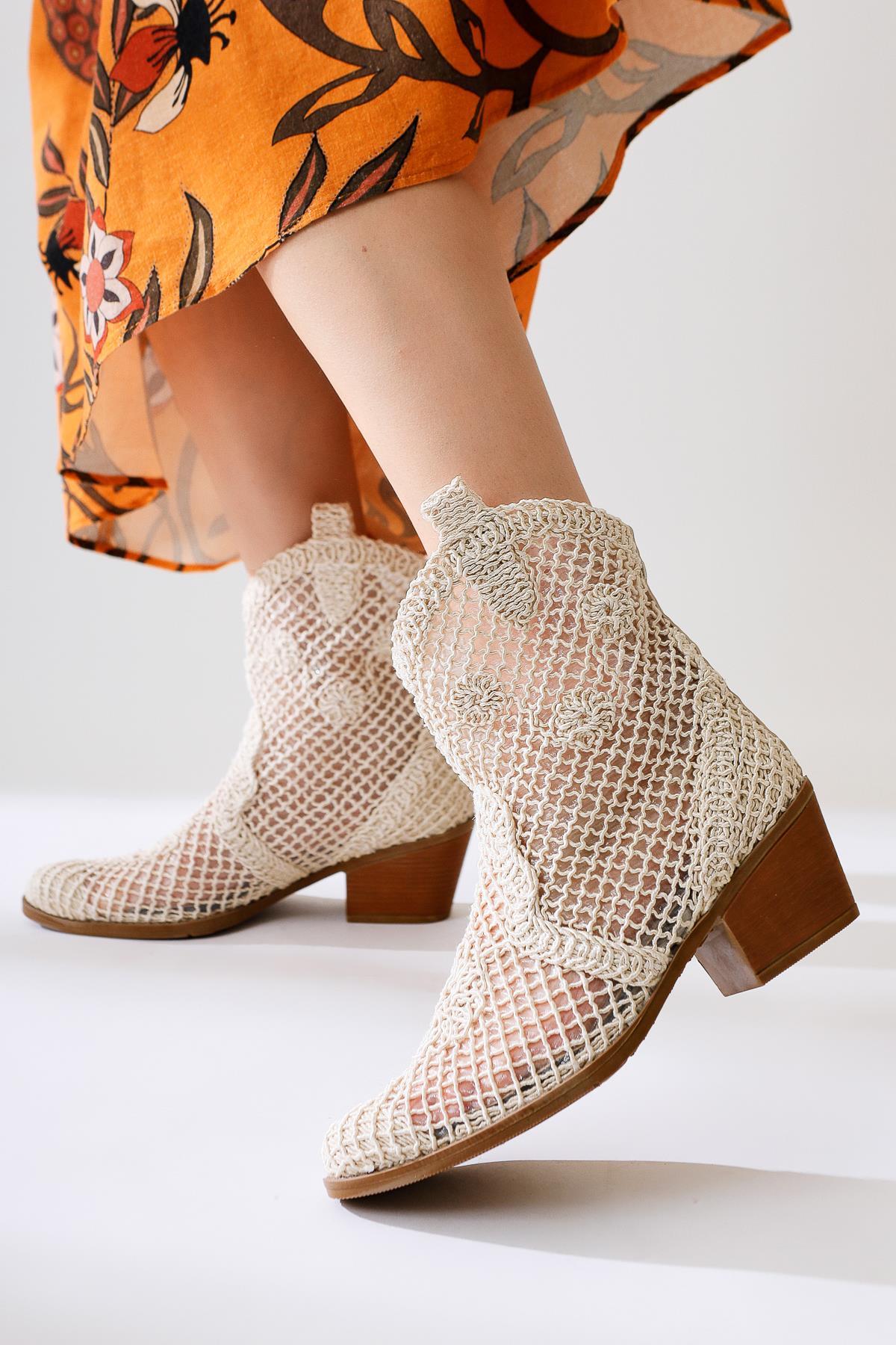 Tersa – Beige Short-Shaft Woven Lace Floral-Detail Cowboy Summer Boot (Women)