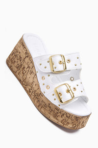 Genja White Chunky Heel Women's Slides with Straps