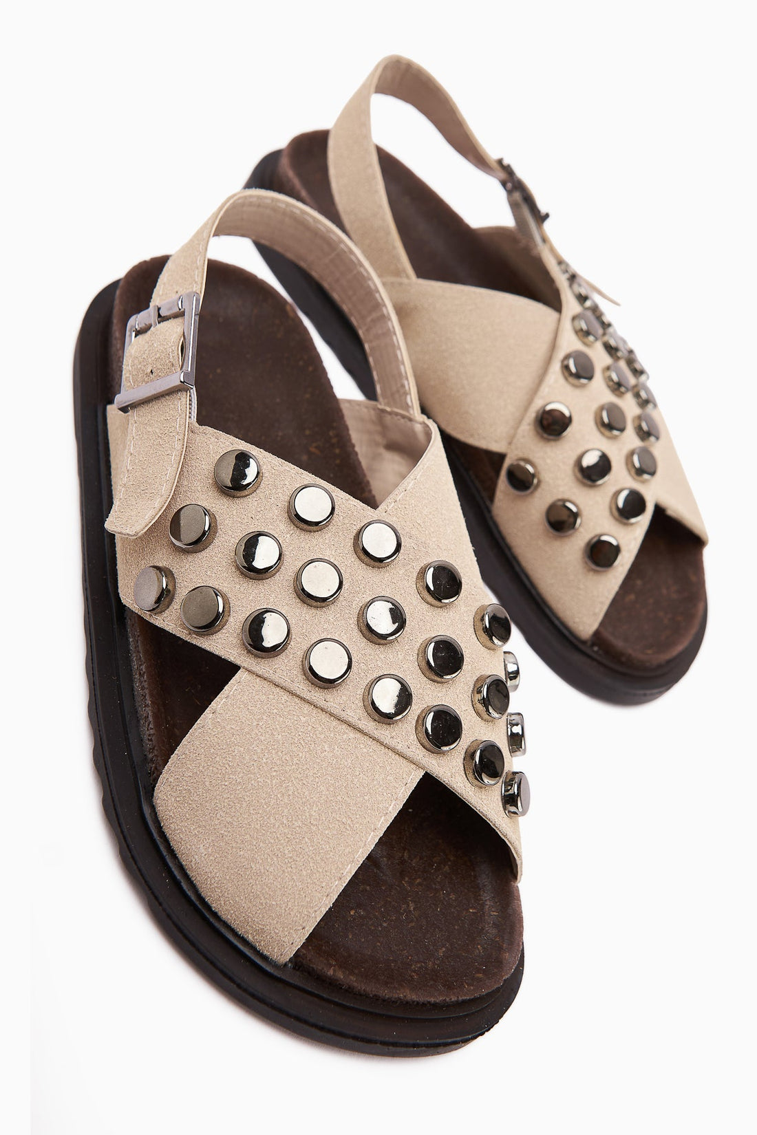 Lina Beige Studded Cross-Strap Women's Sandals
