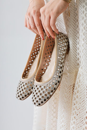 Milinda – Cream Suede Laser-Cut Stone-Detail Ballet Flat (Women)