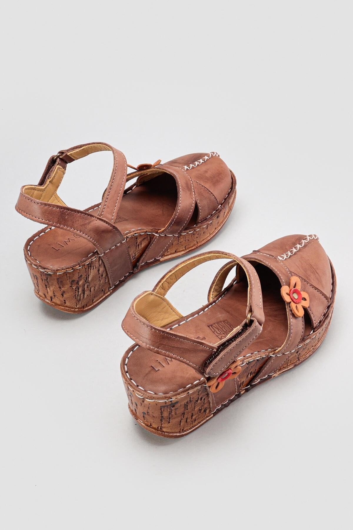 Katlyn Earth Genuine Leather Sandals with Floral Detail and Chunky Heels