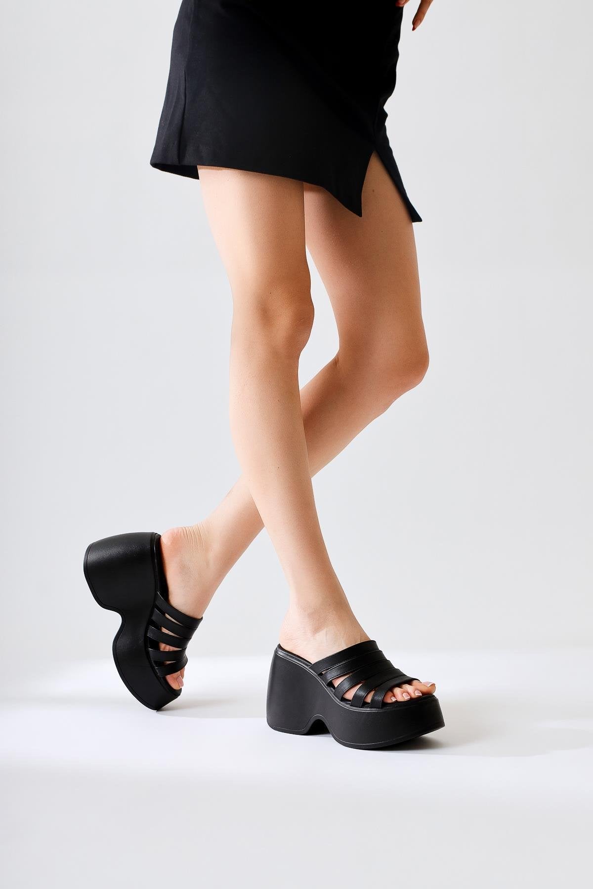 Margarit Black Thin Strap Platform Slide with Chunky Heel