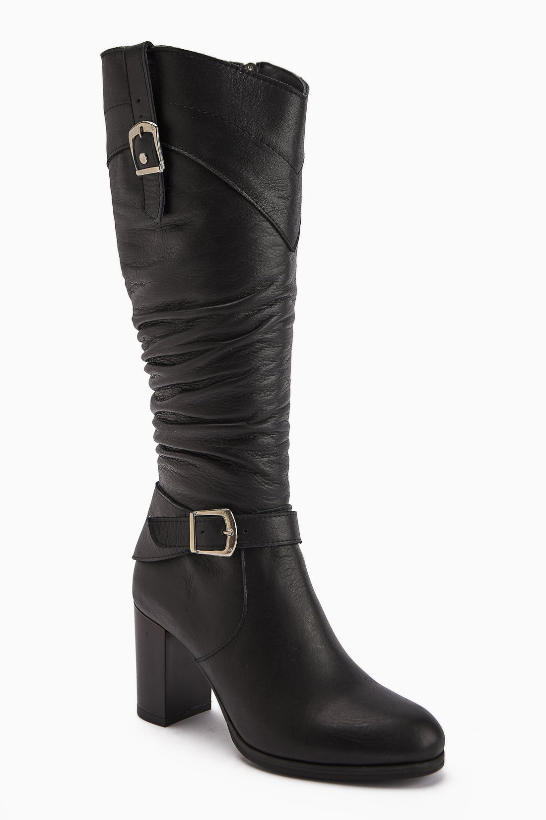 Ting Genuine Leather – Black Buckle-Detail Heeled Knee-High Boot (Women)