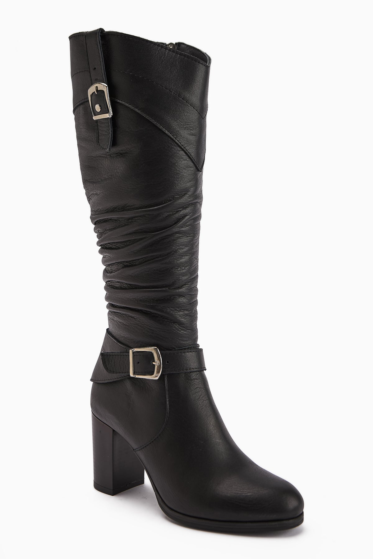 Ting Genuine Leather – Black Buckle-Detail Heeled Knee-High Boot (Women)