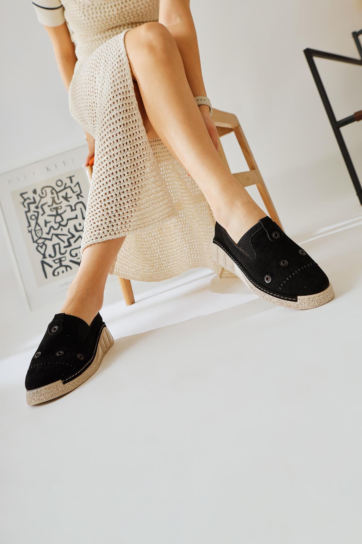 Bethina Black Suede Flat with Rivet Details and Laser Cutouts