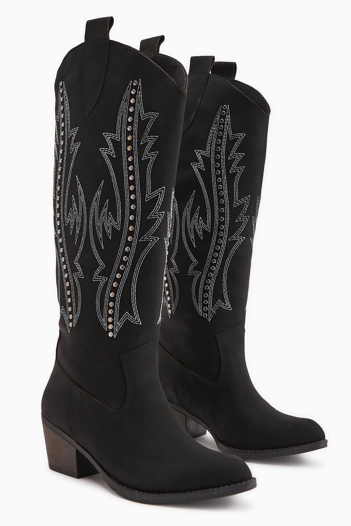 Fizaro Black Pointed Toe Embroidered Studded Western Boots