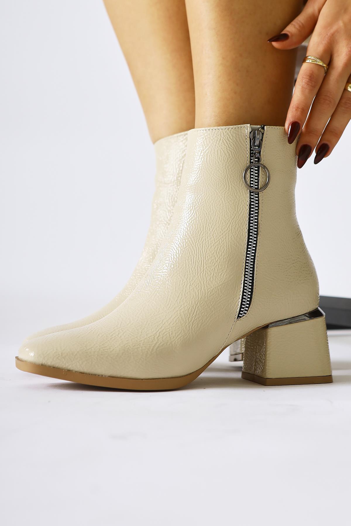 Deyana Beige Crinkled Patent Leather Boot with Zipper Detail