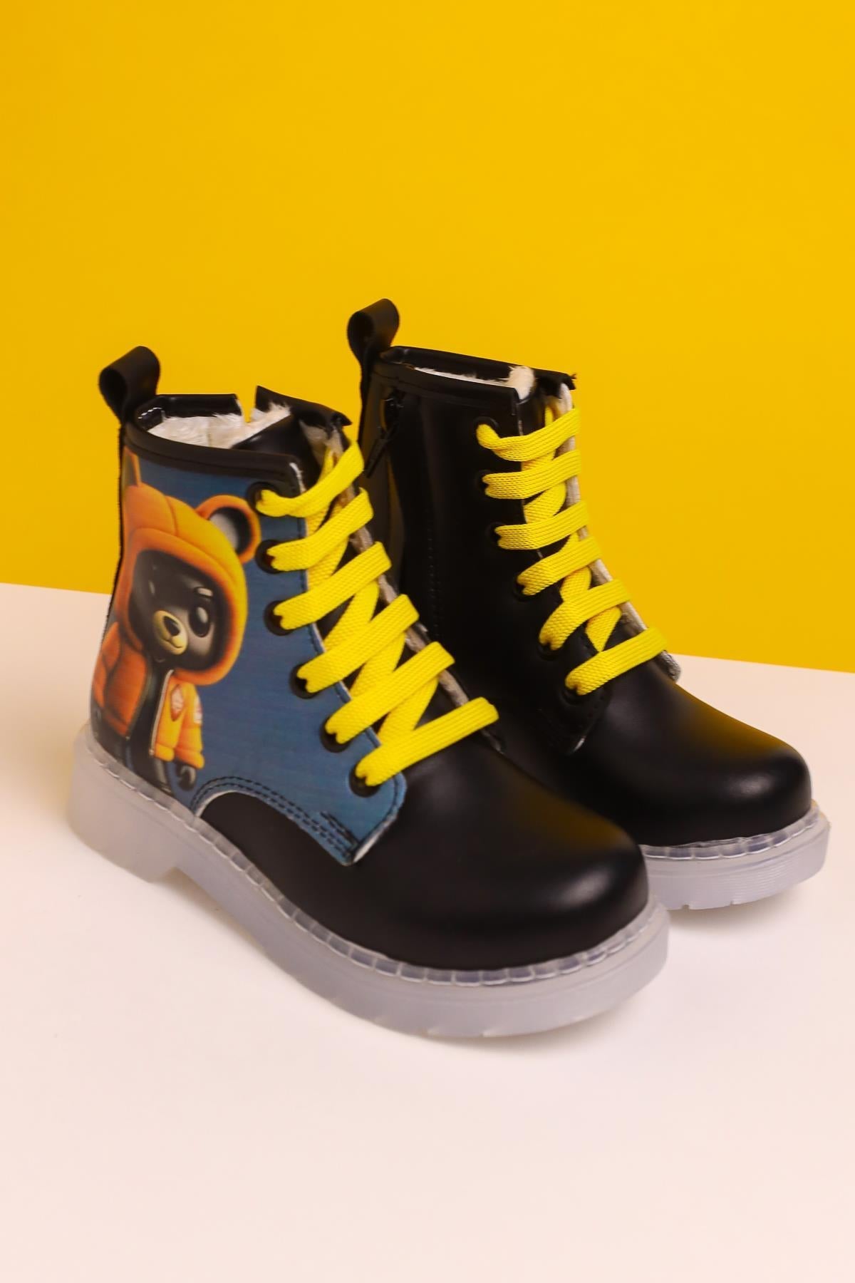Lisha Black Striped Character Print Lace-Up Kids Boots