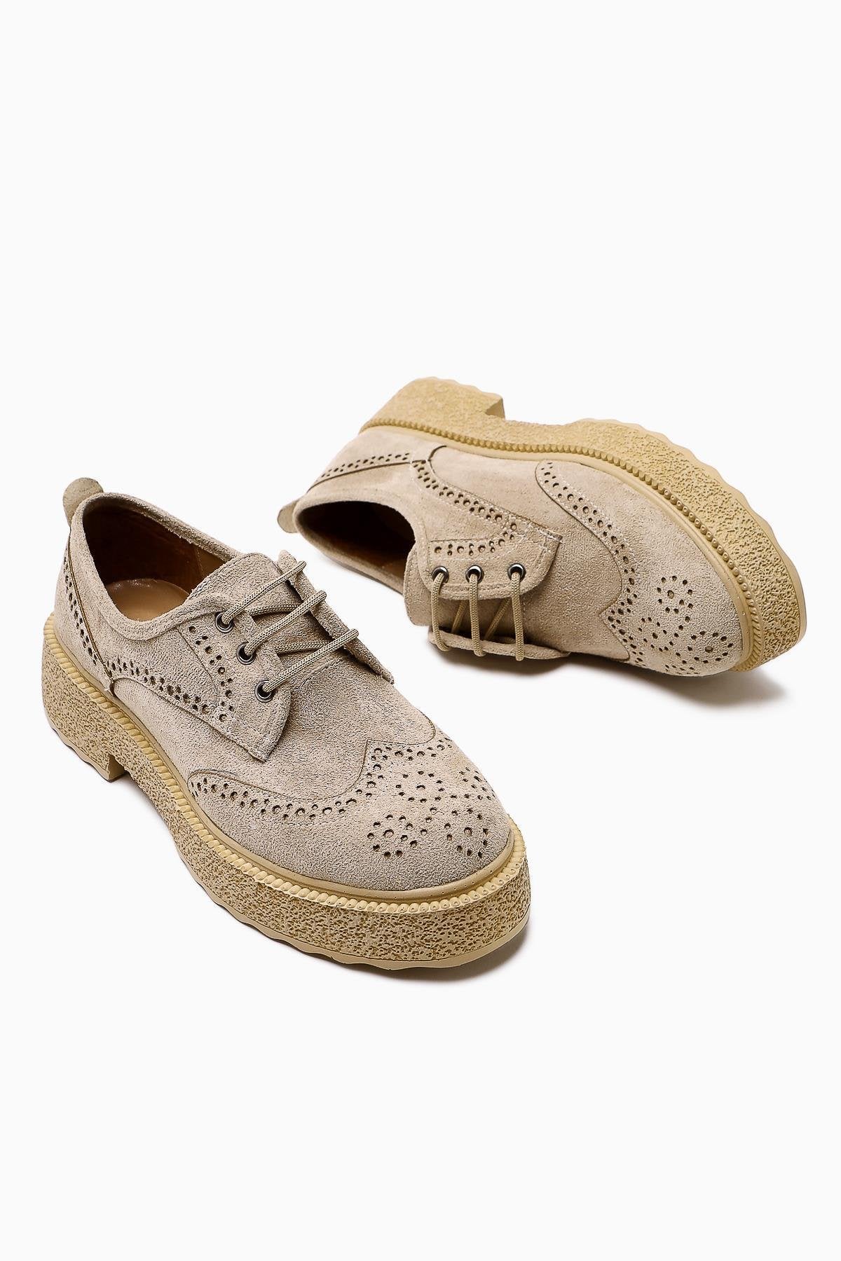 Rossy Nude Suede Round Toe Laser Cut Casual Shoes