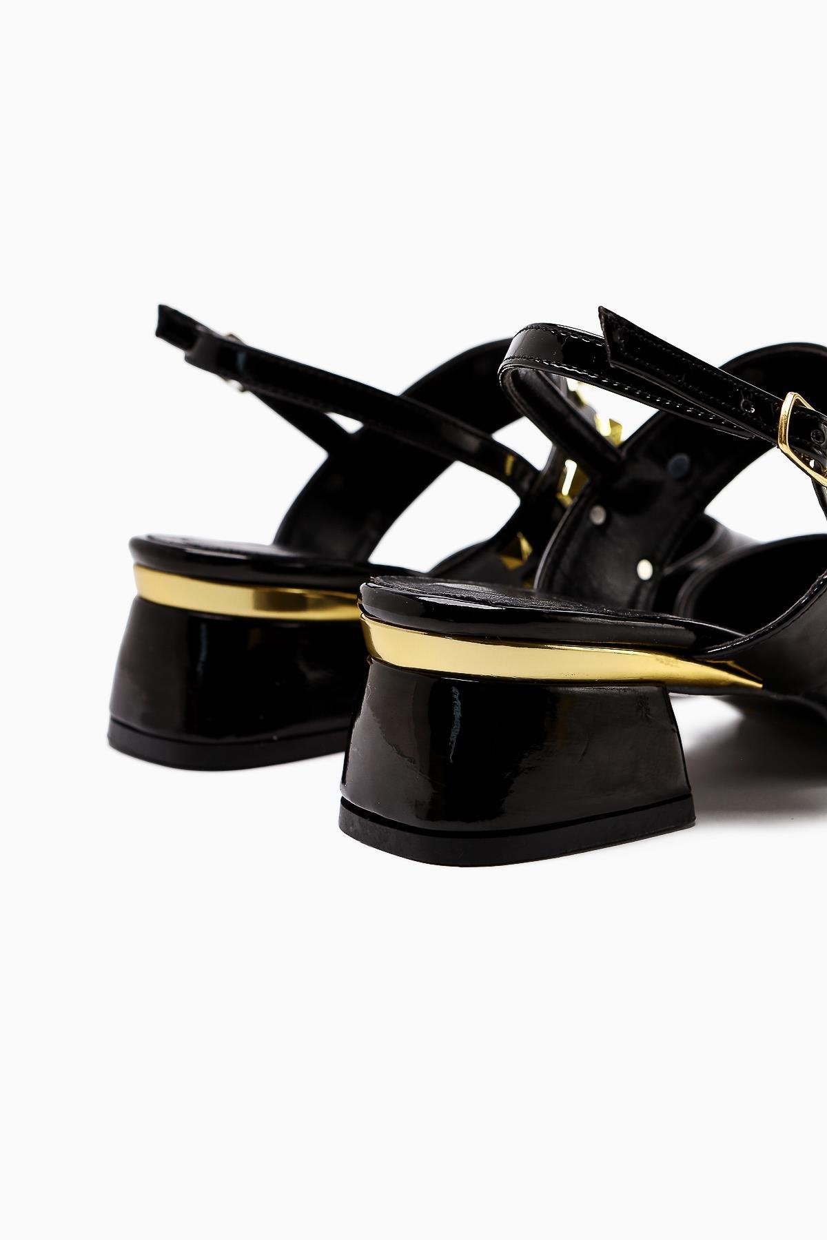 Nicoline Black Patent Pointed Toe Pyramid Studded Thick Strap Short Heeled Women’s Shoes