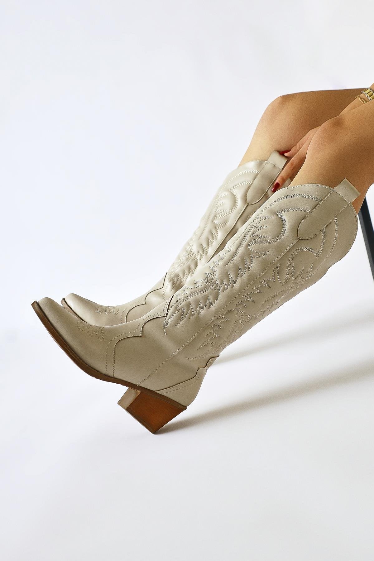 Florida – Beige Embroidery-Detail Pointed-Toe Western Knee-High Boot (Women)