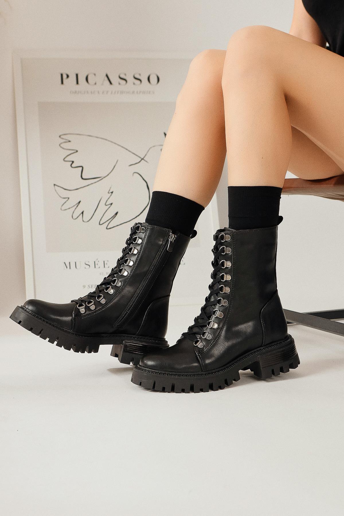 Suzette – Black Lace-Up Thick-Sole Boot (Women)