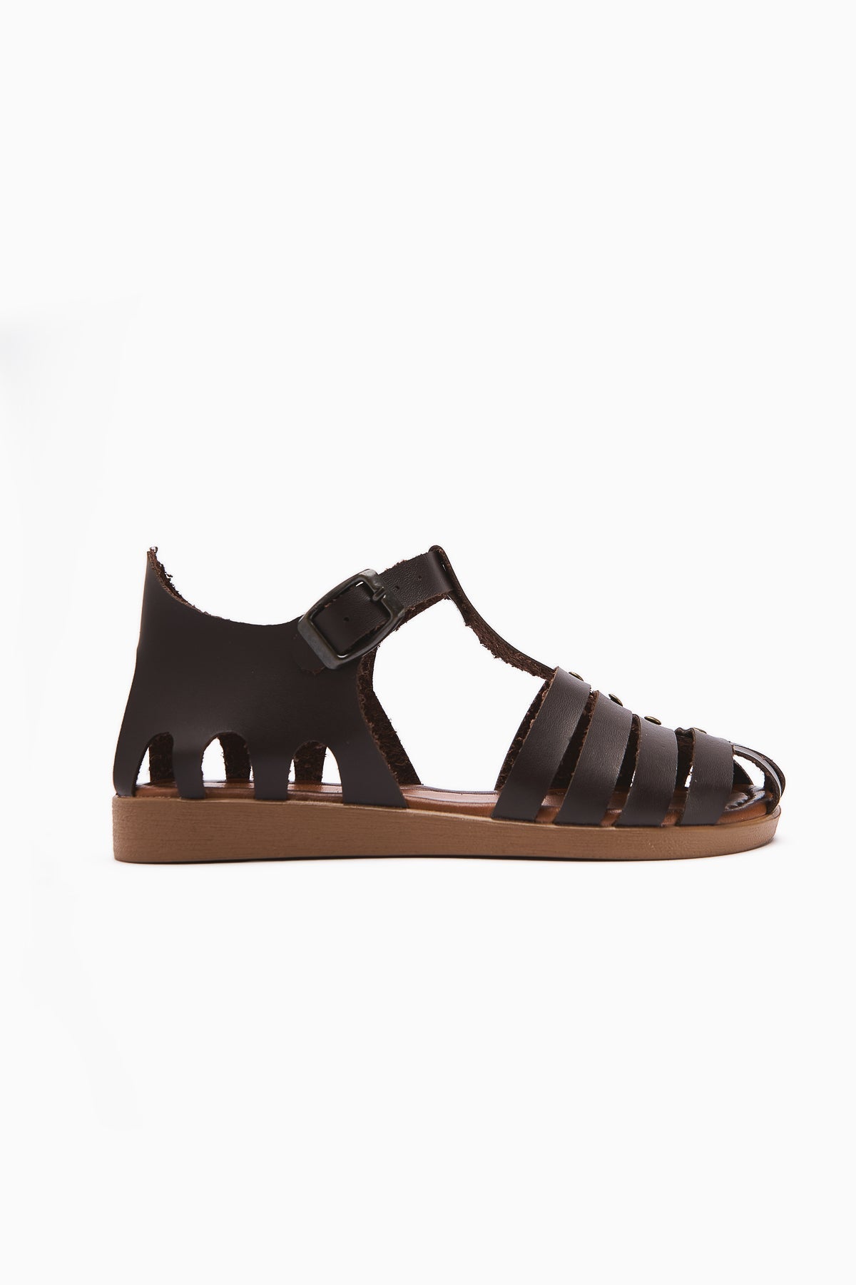 Tori Genuine Leather Coffee Four-Strap Adjustable Flat Sandals