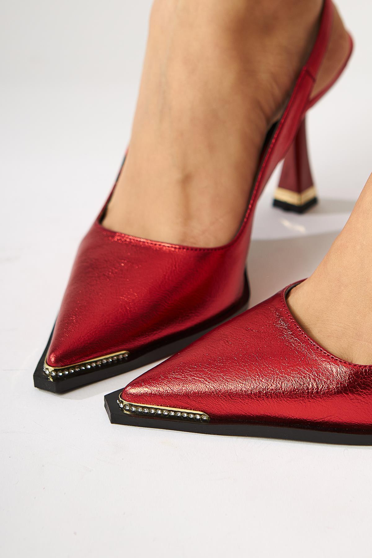 Vita Red Stone Detailed Closed Toe Women’s Heeled Shoes