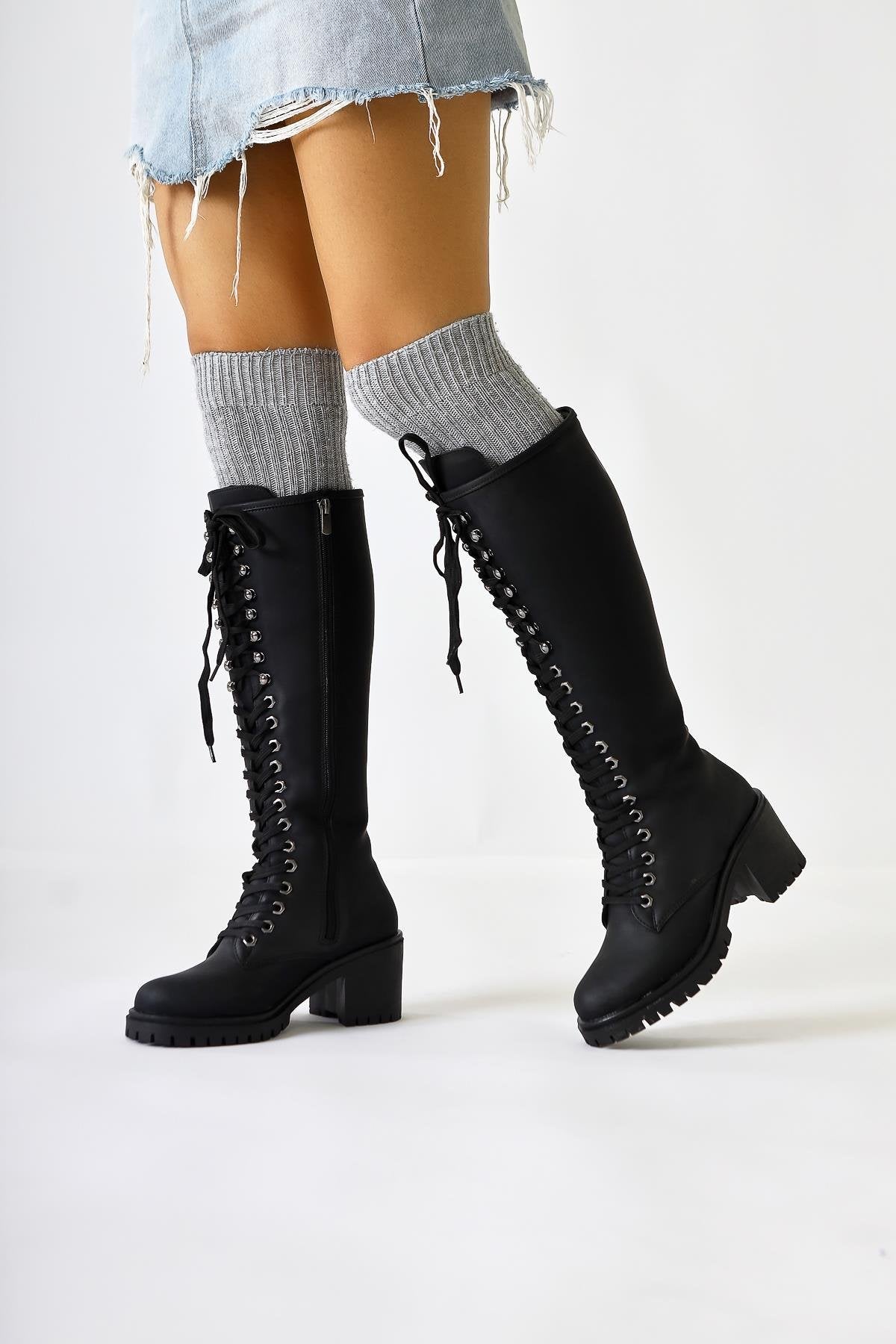 Bella Black Laced and Zippered Oval Toe Heeled Women's Boot