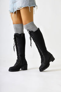 Bella Black Laced and Zippered Oval Toe Heeled Women's Boot