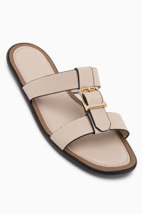 Lien Beige Double Strap Buckle Detailed Women’s Slippers